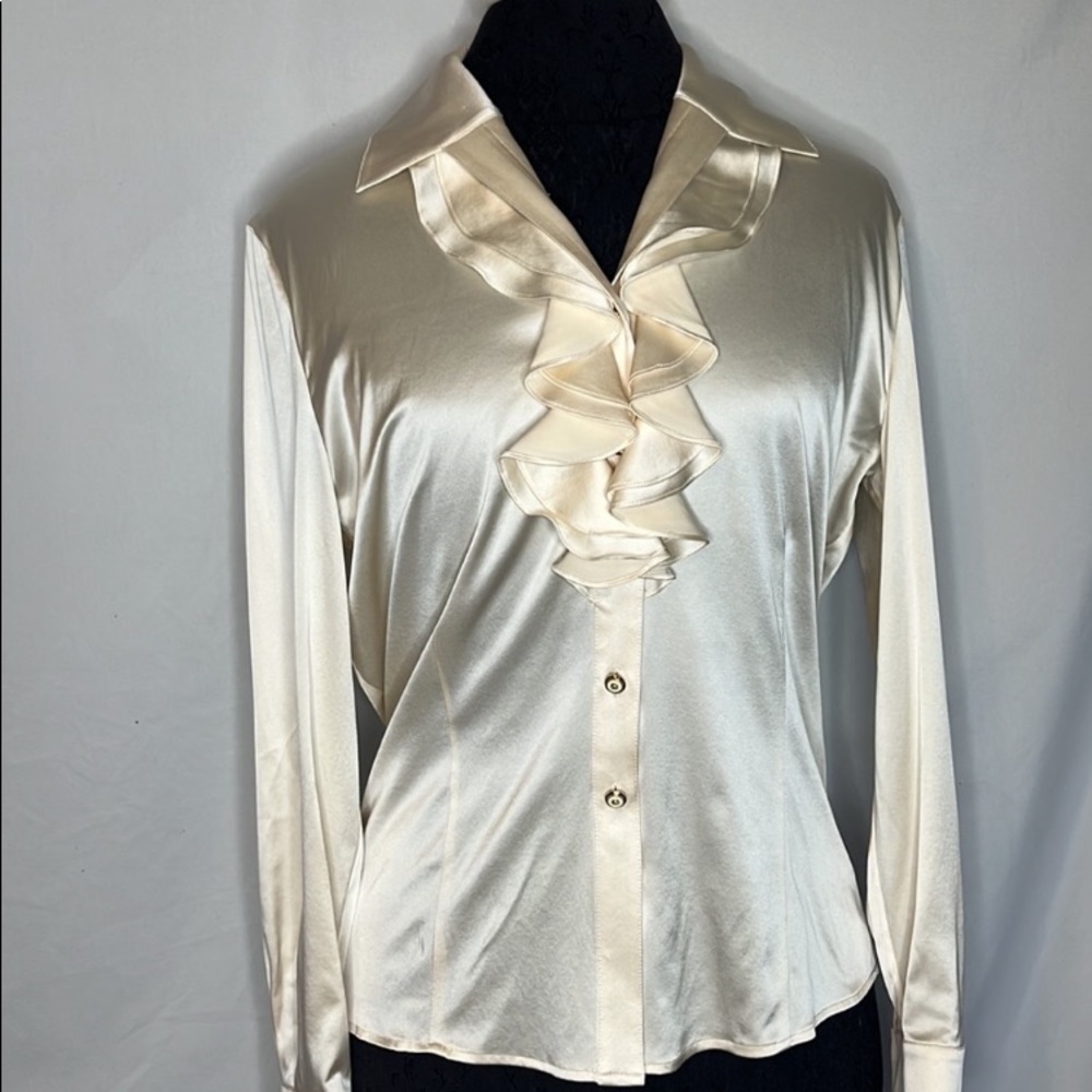 St. John Cream SILK Ruffle Blouse SZ. 12 LUXURY Victorian